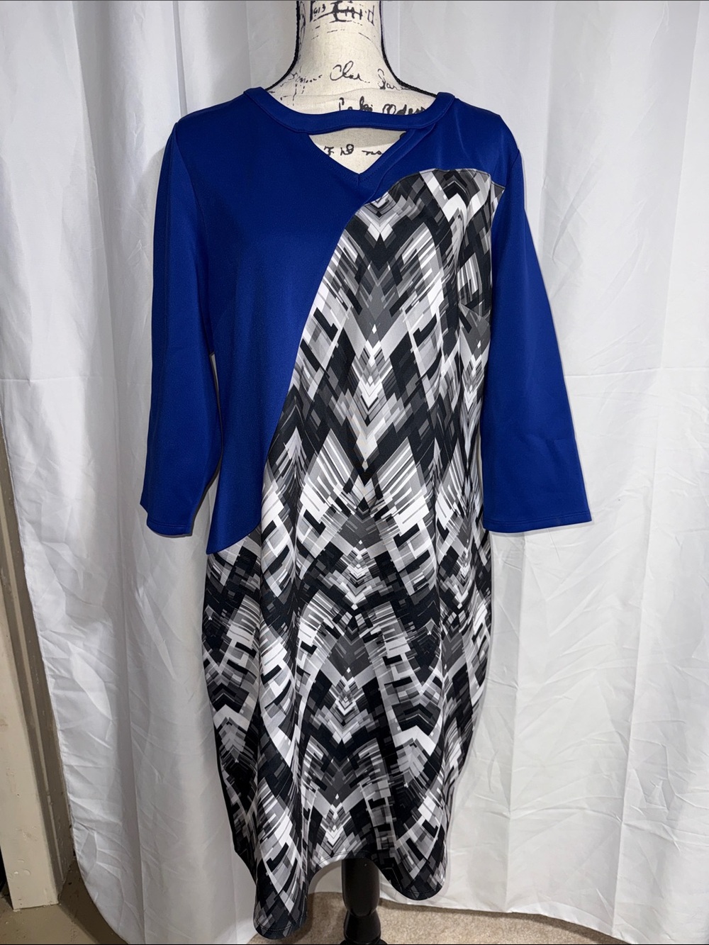 6TH & LN Royal Blue Midi Dress with Black & White Geometric Panel